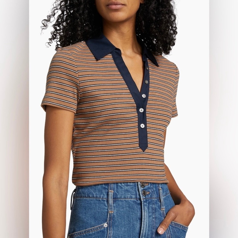 Veronica Beard Striped Ribbed Polo Shirt Short Sleeve Brown Navy Sporty Chic M